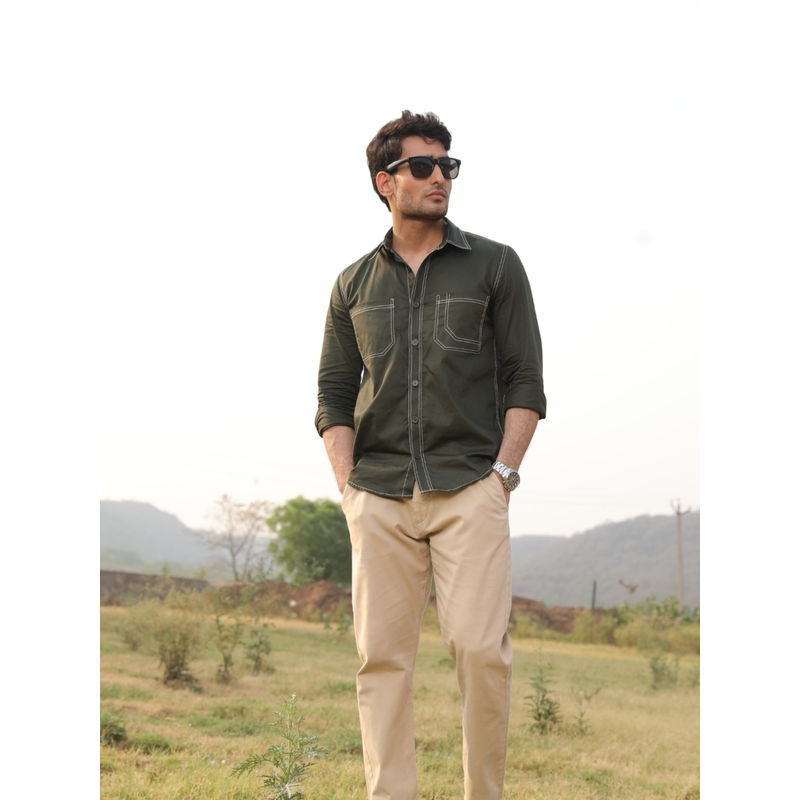 Perch Men Bottle Green Contrast Stitch Utility Shirt (XS)