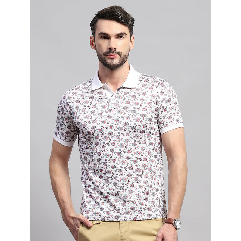 Monte Carlo Men White Printed Collared Neck Half Sleeve Polo T-Shirt (M)