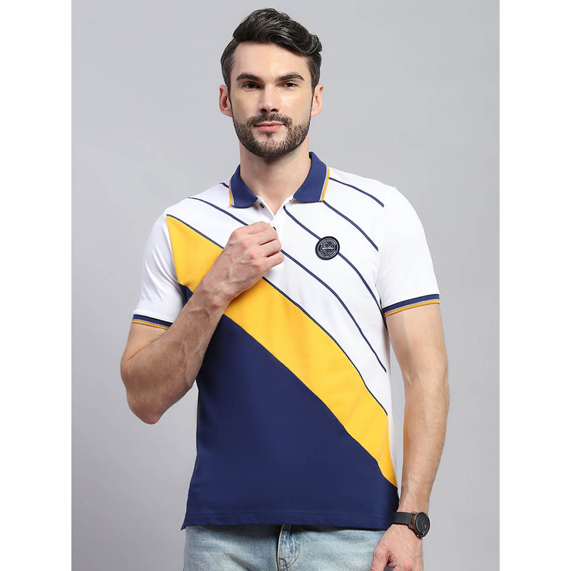 Monte Carlo Men White and Blue Striped Collared Neck Half Sleeve Polo T-Shirt (2XL)