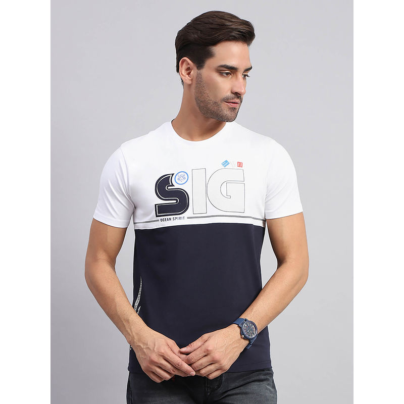 Monte Carlo Men Navy Blue and White Printed Round Neck Half Sleeve T-Shirt (M)