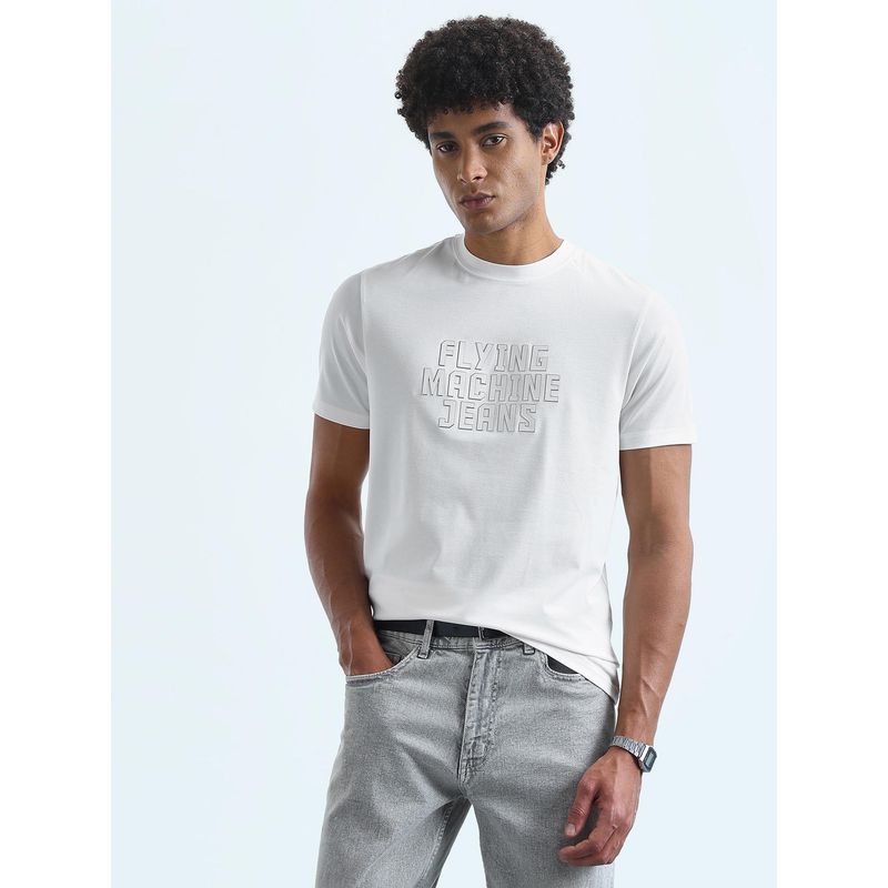 Flying Machine Men White Knitted Half Sleeves T-shirt (L)