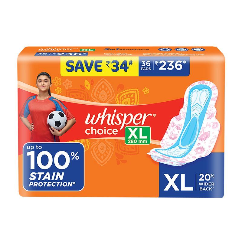 Whisper Choice XL Thick Sanitary Pads upto 100 Stain protection with side safe Wings, 36 Pads