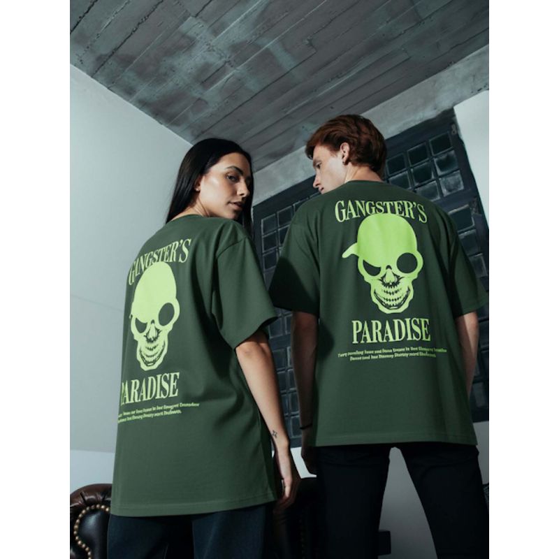 RIGO Unisex Green Cotton Drop Shoulder Round Neck Oversized T-Shirt (S)