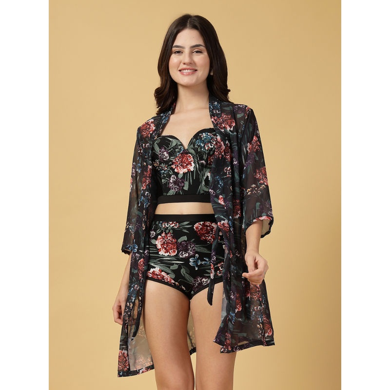 Cukoo Black Padded Floral Bikini Top with Bottom & Cover-Up (Set of 3) (2XL)