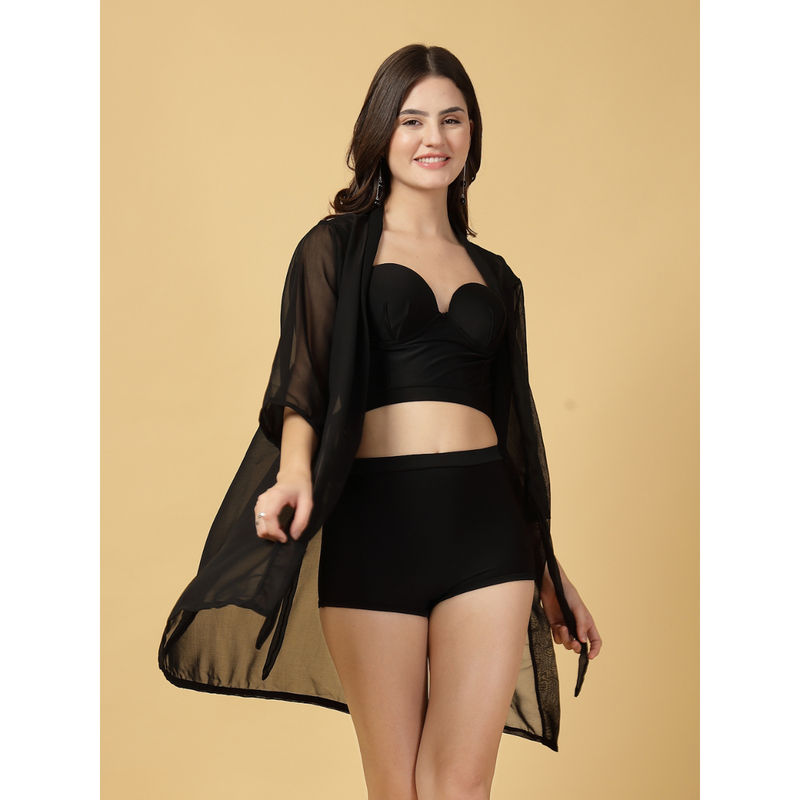 Cukoo Black Padded Solid Bikini Top with Bottom & Cover-Up (Set of 3) (XL)