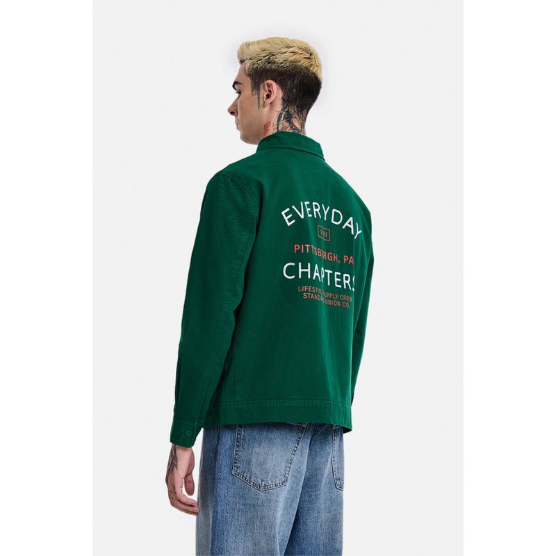 Snitch Green Typography Full Sleeves Oversized Casual Shacket for Men (L)