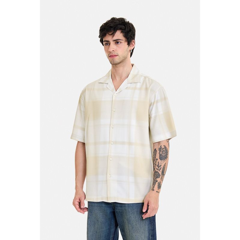 Snitch Cream Checks Half Sleeves Boxy Resort/Vacation Shirt for Men (XS)
