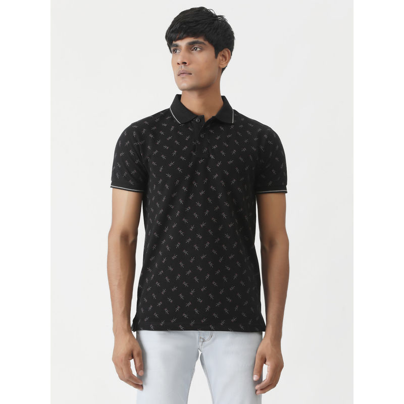 Greenfibre Black Cotton Blend Printed Slim Fit Polo T-Shirt (38)