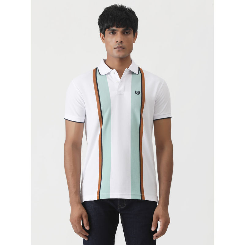 Greenfibre White Cotton Blend Striped Slim Fit Polo T-Shirt (42)