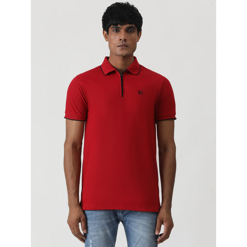 Greenfibre Red Cotton Blend Solid Slim Fit Polo T-Shirt (42)