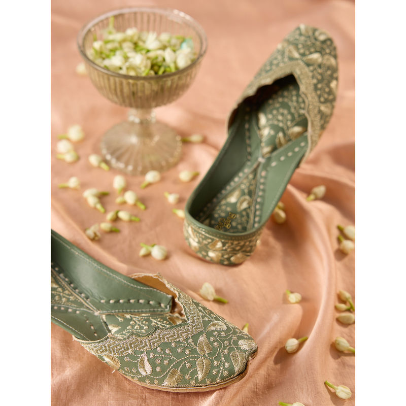 Gajra Gang Sage Green Gold Embroidered Leather Juttis GGFW07 (EURO 36)
