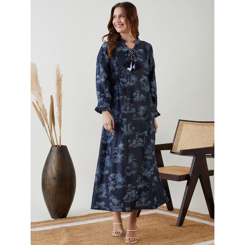 The Kaftan Company Navy Blue Tropical Indigo Denim Dress (M)