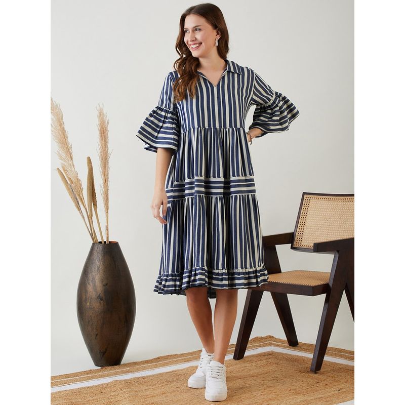 The Kaftan Company Blue Striped Layered Chic Denim Dress (S)