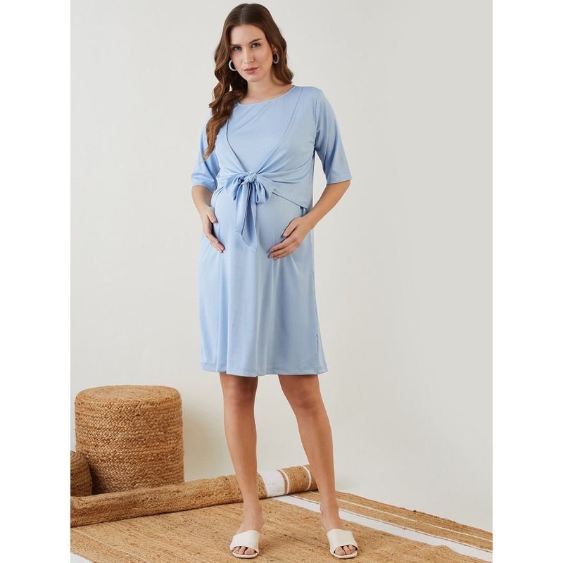 The Kaftan Company Light Blue Tie Knot Rib Maternity and Nursing Dress (S)