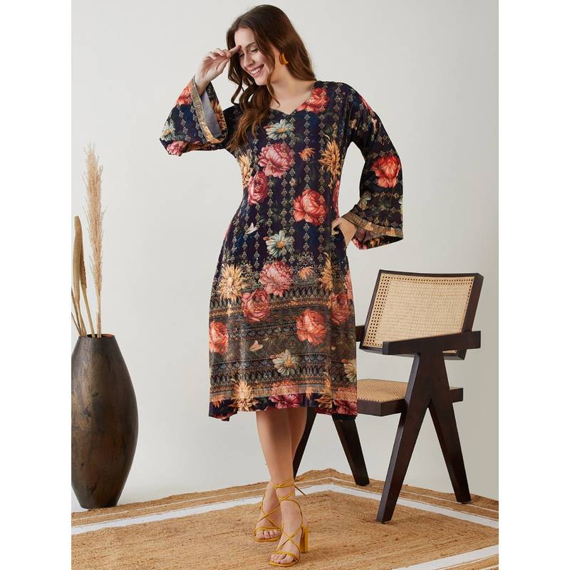 The Kaftan Company Black Jewelled Floral Velvet Lounge Dress (S)