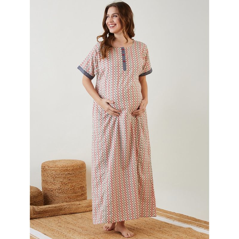 The Kaftan Company Off White and Red Geometrical Print Maternity Nightdress (S)