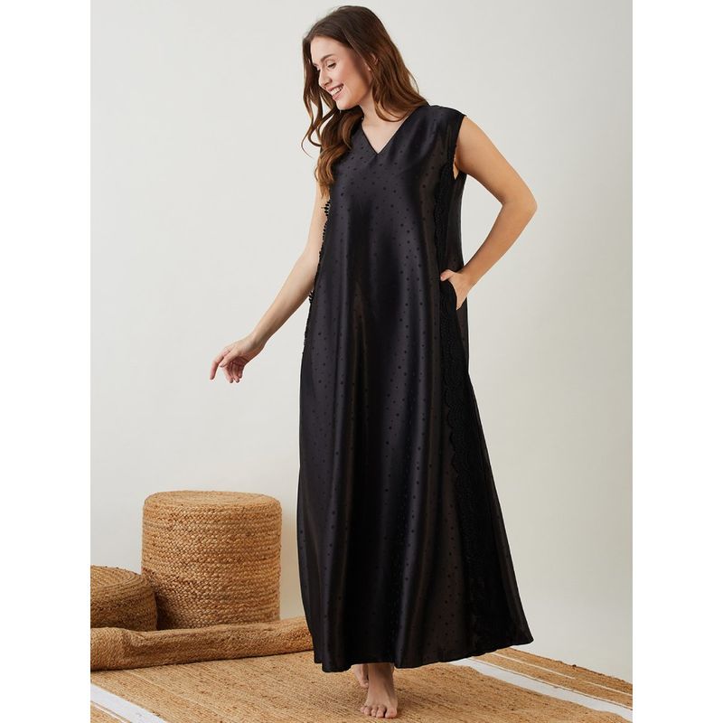 The Kaftan Company Black Satin Negligee Nightdress with Lace (S)
