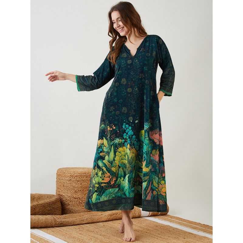 The Kaftan Company Green Blooming Velvet Lounge Dress (L)