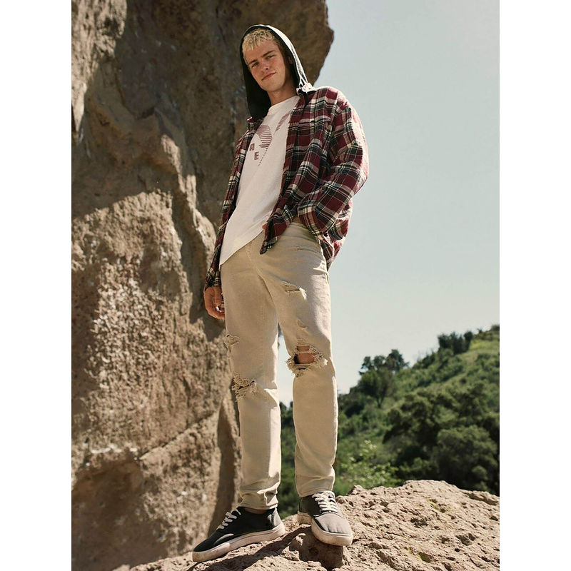 American Eagle Men Beige Air Flex+ Patched Athletic Skinny Jeans (36 x 34)