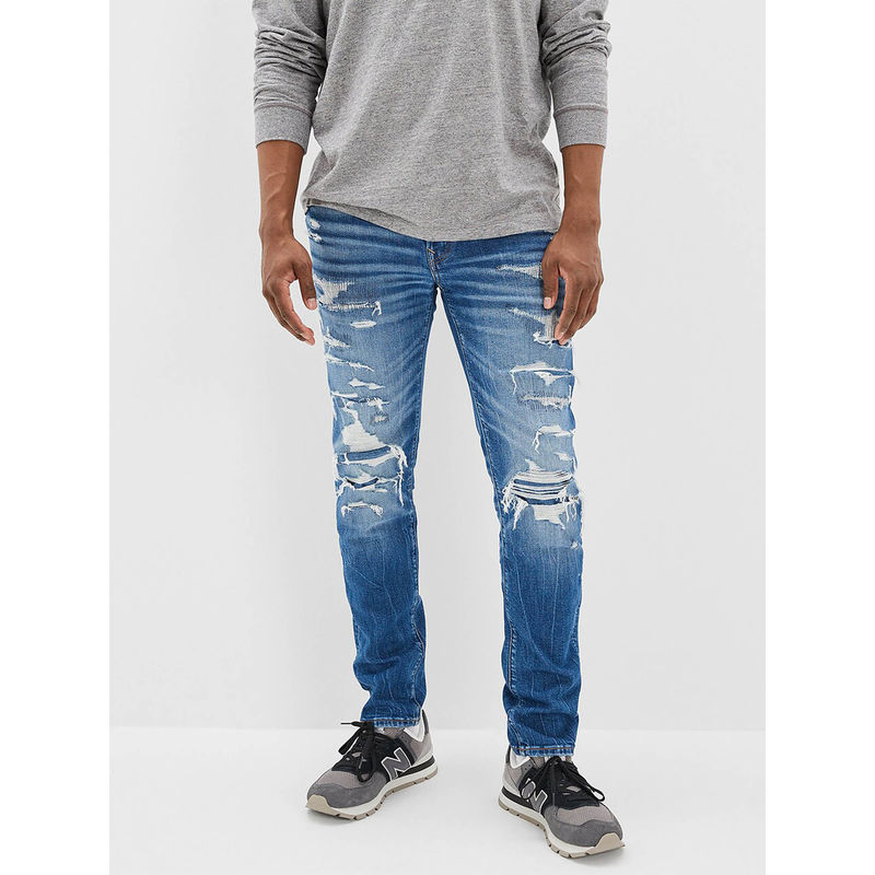 American Eagle Men Blue Air Flex+ Patched Slim Jeans (32 x 34)