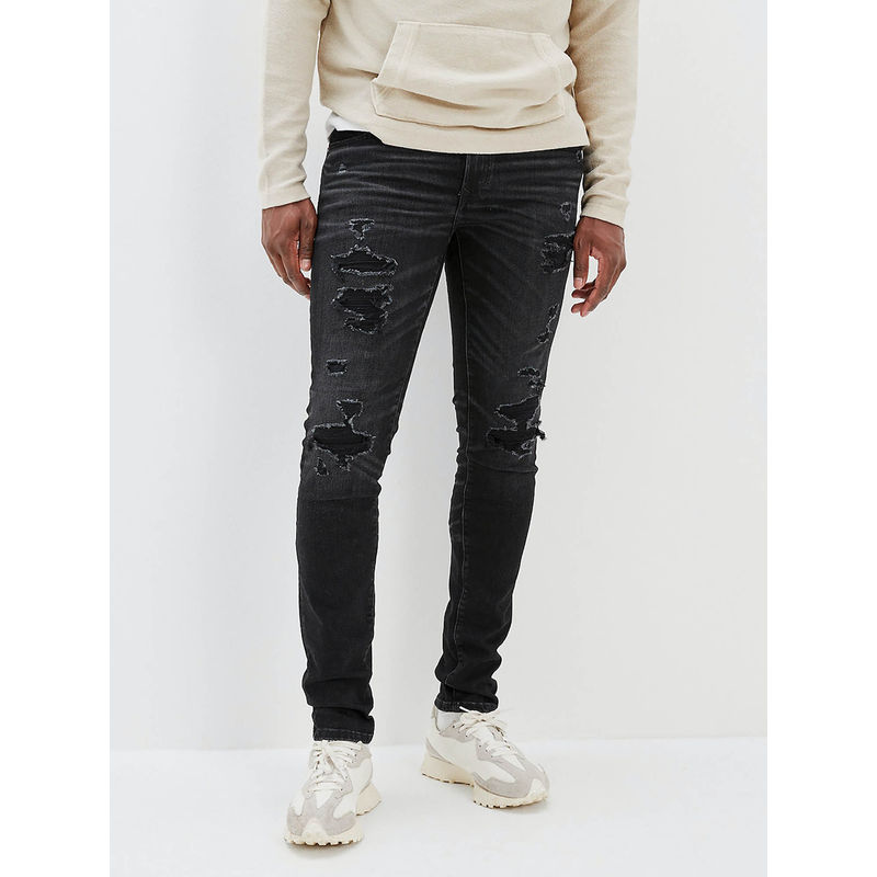American Eagle Men Black Air Flex+ Ripped Skinny Jeans (34 x 34)