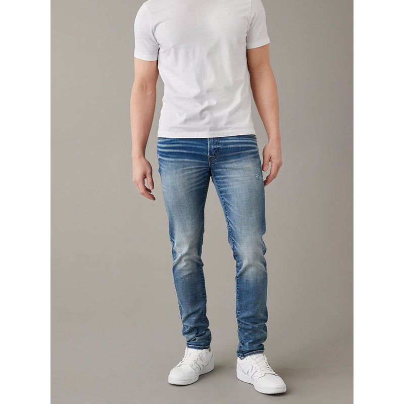 American Eagle Men Blue Air Flex+ Distressed Skinny Jeans (32 x 34)