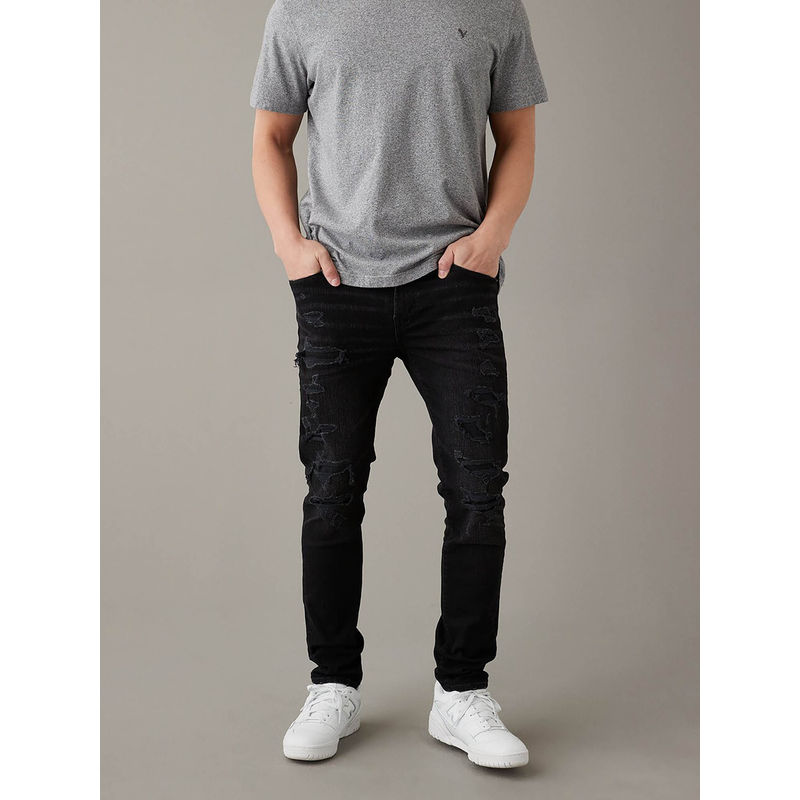 American Eagle Men Black Air Flex+ Patched Skinny Jeans (30 x 30)