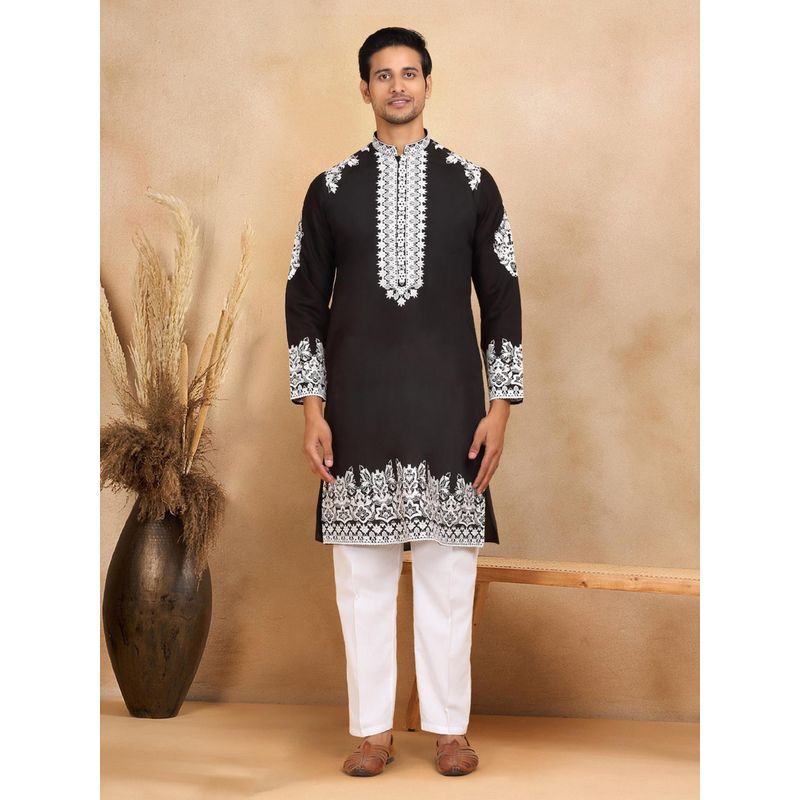 KRAFT INDIA LUXE Ethnic Embroidered Mandarin Collar Cotton Silk Black Kurta (42)