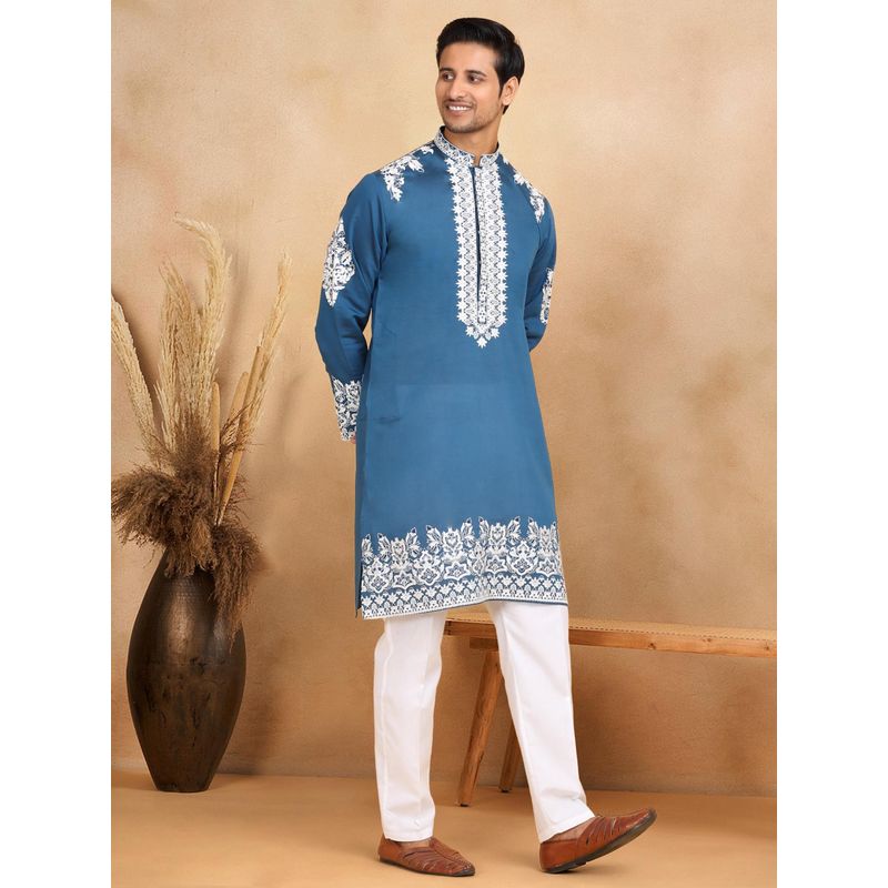 KRAFT INDIA LUXE Ethnic Embroidered Mandarin Collar Cotton Silk Blue Kurta (40)