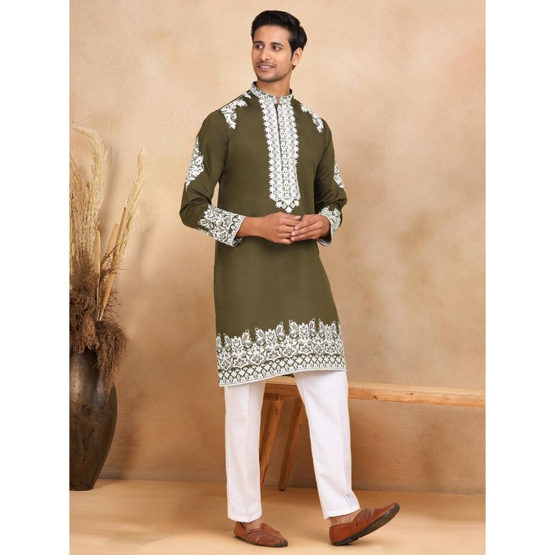 KRAFT INDIA LUXE Ethnic Embroidered Mandarin Collar Cotton Silk Green Kurta (38)
