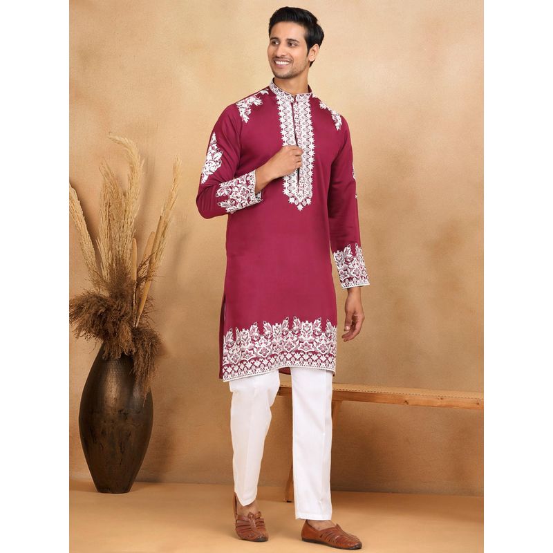 KRAFT INDIA LUXE Ethnic Embroidered Mandarin Collar Cotton Silk Wine Kurta (42)