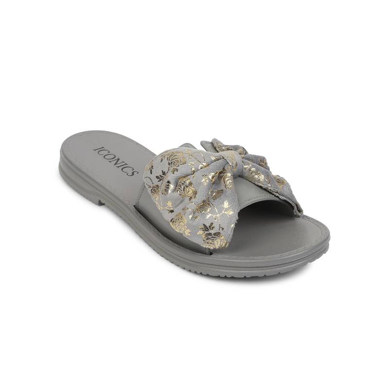 Iconics Grey Women Floral Sliders (EURO 36)