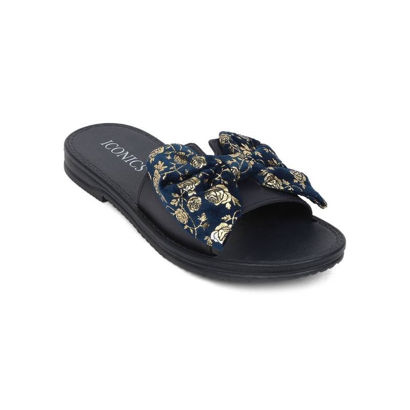 Iconics Navy Blue Women Floral Sliders (EURO 40)