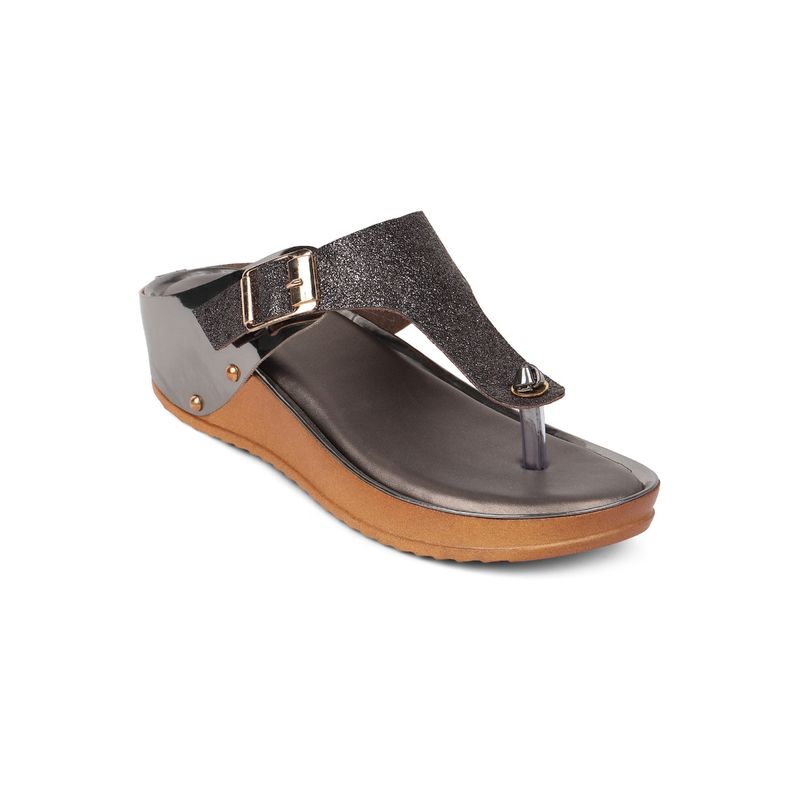 Iconics Gunmetal Women Embellished Sequined Sandals (EURO 37)