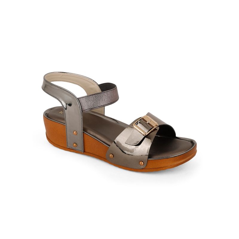 Iconics Gunmetal Women Embellished Sequined Sandals (EURO 36)