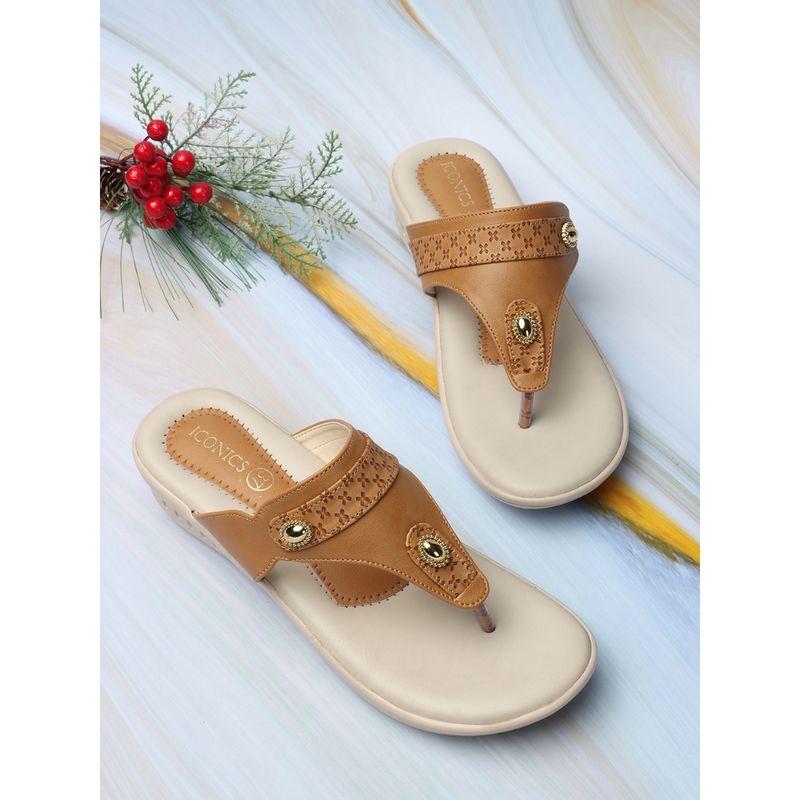 Iconics Tan Women Embellished Sequined Flats (EURO 36)