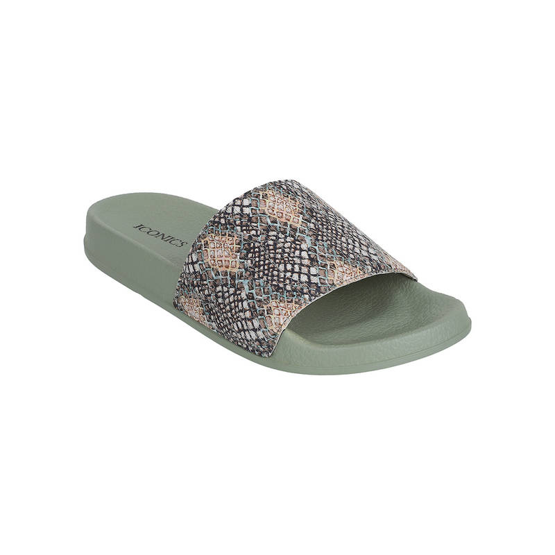 Iconics Pista Green Women Printed Sliders (EURO 38)