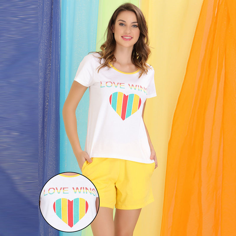Clovia Cotton Rich Heart Print Top & Shorts Set - Multi-Color (XL)