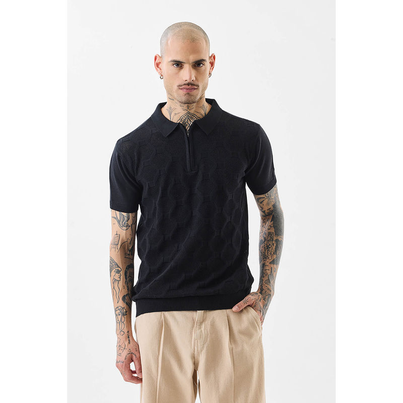 Snitch Black Textured Half Sleeves Casual Polo T-shirt (S)