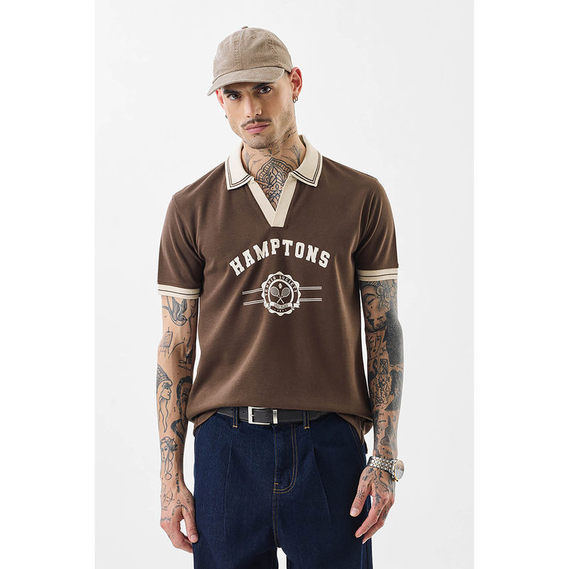 Snitch Brown Printed Half Sleeves Slim Casual Polo T-shirt (M)