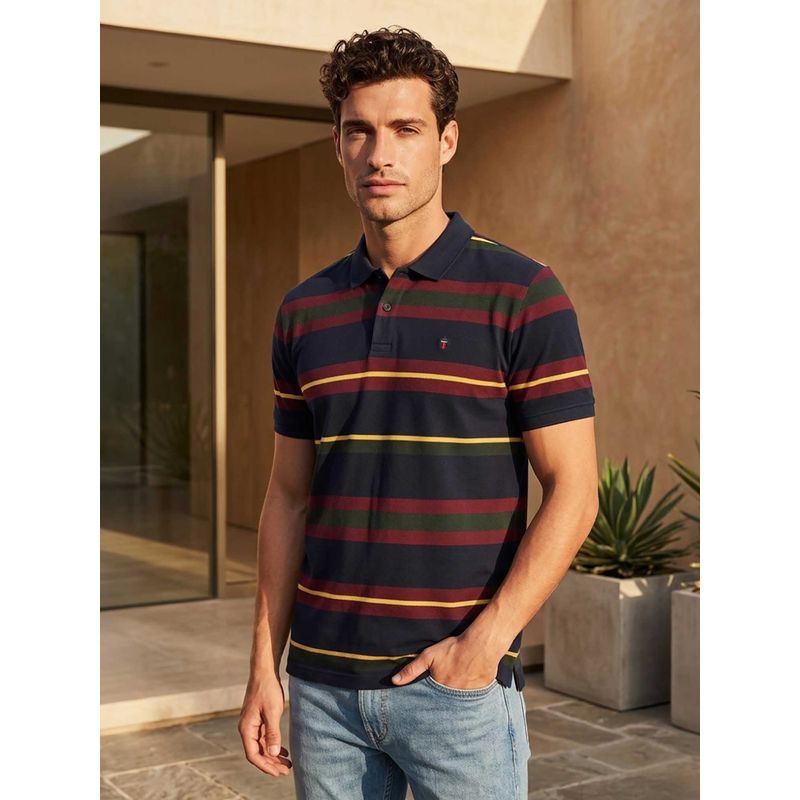 Louis Philippe Men's Multicolor Horizontal Stripes Polo T-Shirt (XL)