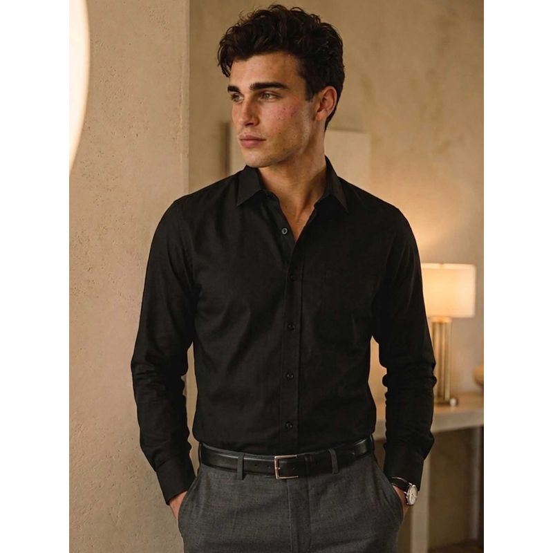 Louis Philippe Mens Black Textured Easy to Iron Cotton Slim fit Formal Shirt (39)