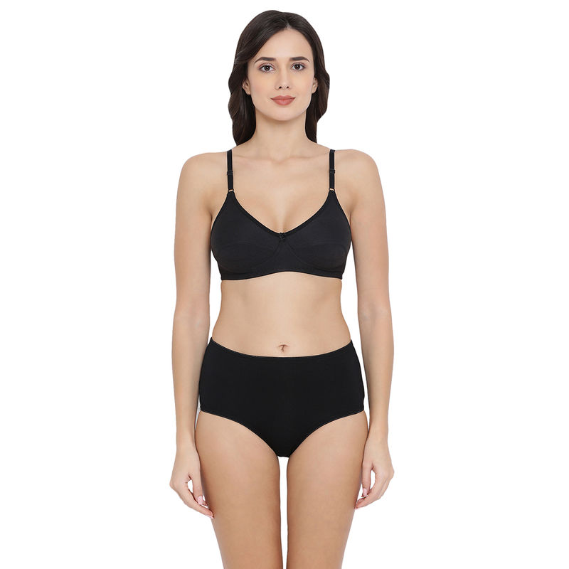 Clovia Cotton Rich Non-Padded Non-Wired Full Cup Bra & High Waist Hipster Panty - Black (32C)