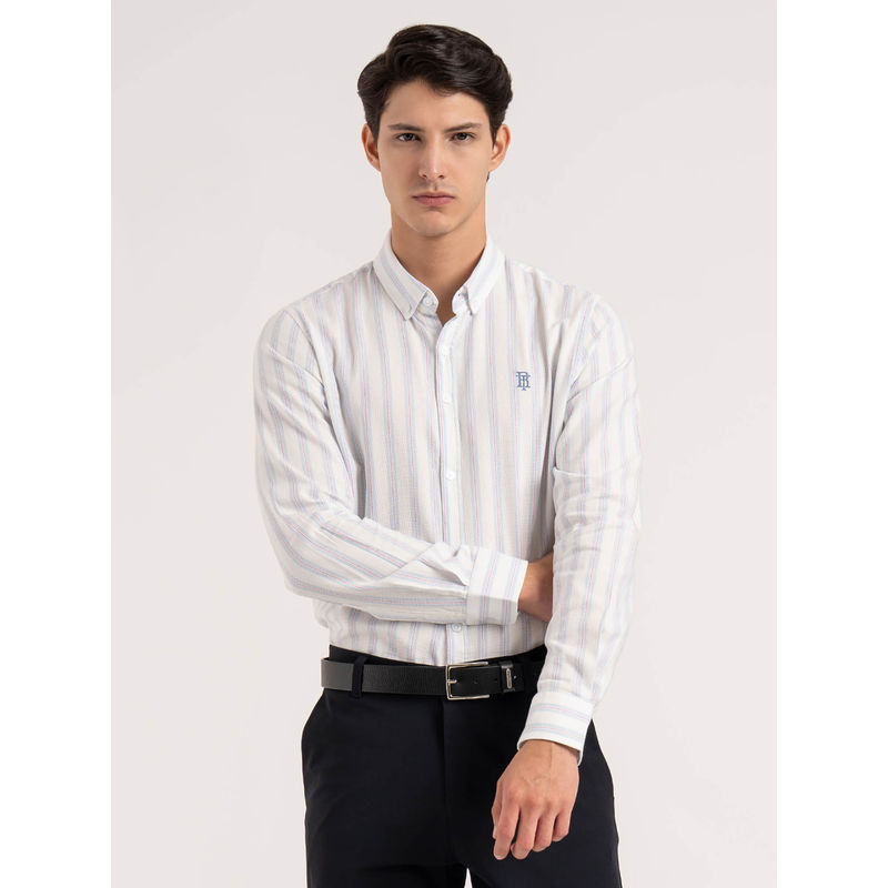 Red Tape Men Sky Blue Pure Cotton Button Down Full Sleeve Striped Shirt (L)