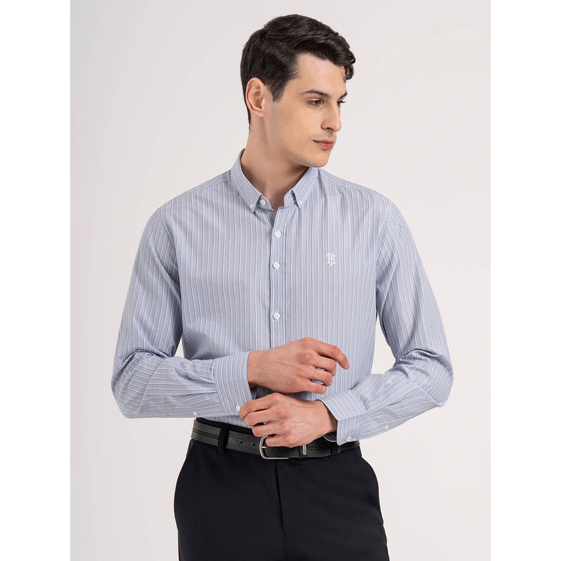 Red Tape Men Dark Blue Striped Poly Cotton Loose Fit Full Sleeve Shirt (L)