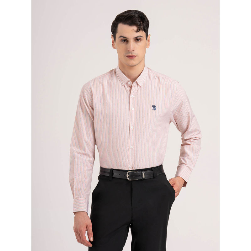 Red Tape Men Light Pink Striped Poly Cotton Loose Fit Full Sleeve Shirt (L)