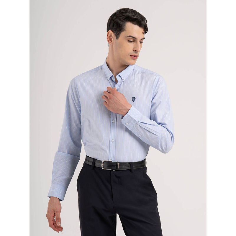 Red Tape Men Sky Blue Striped Poly Cotton Loose Fit Full Sleeve Shirt (L)