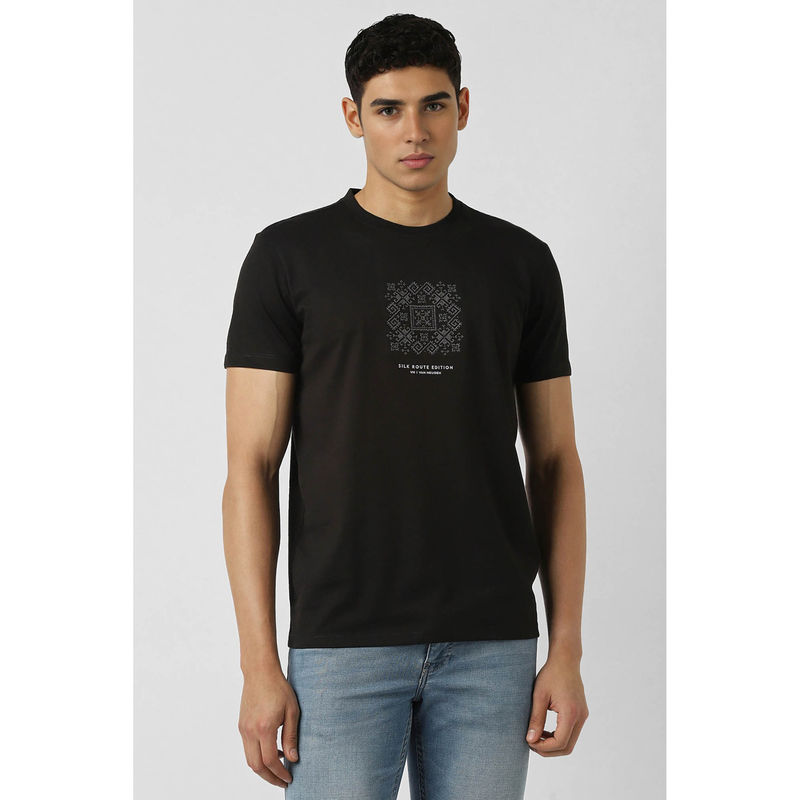 Van Heusen Men Black Graphic Print Crew Neck T-shirt (L)