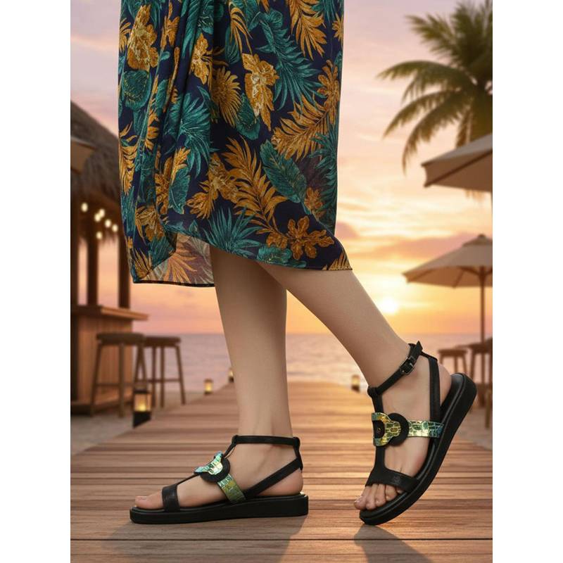 BAGATT Women Ravenna Black Reptile Print Ankle Strap Sandals (EURO 36)