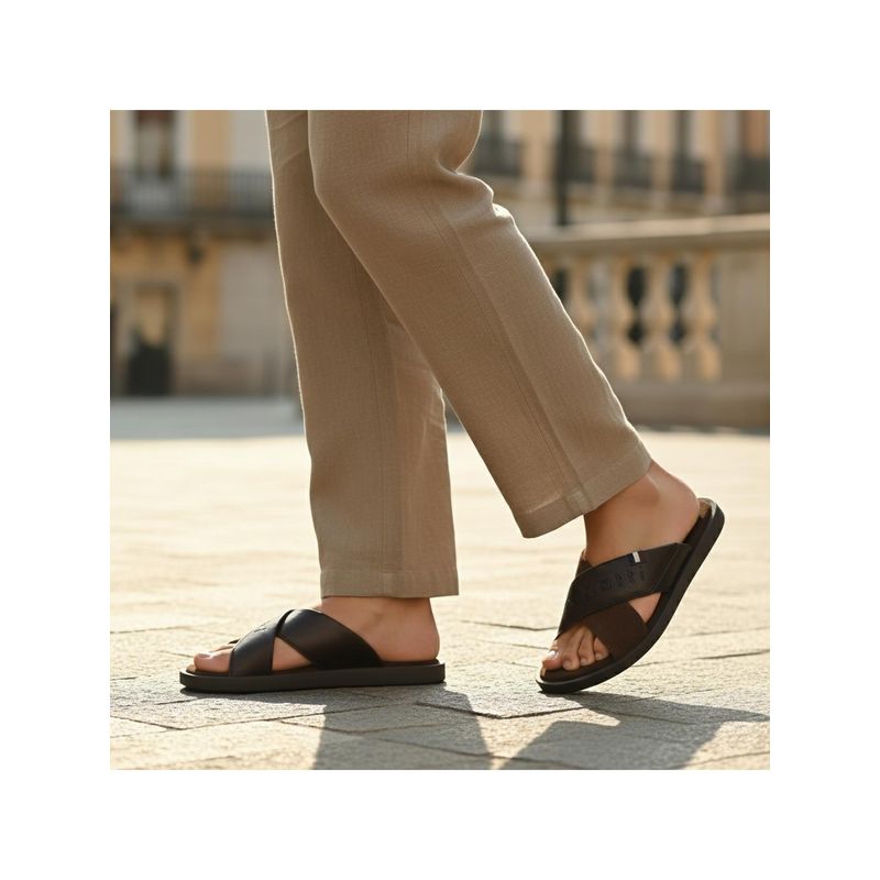Bugatti Derek Men Dark Brown Leather Cross Strap Sandals (EURO 40)